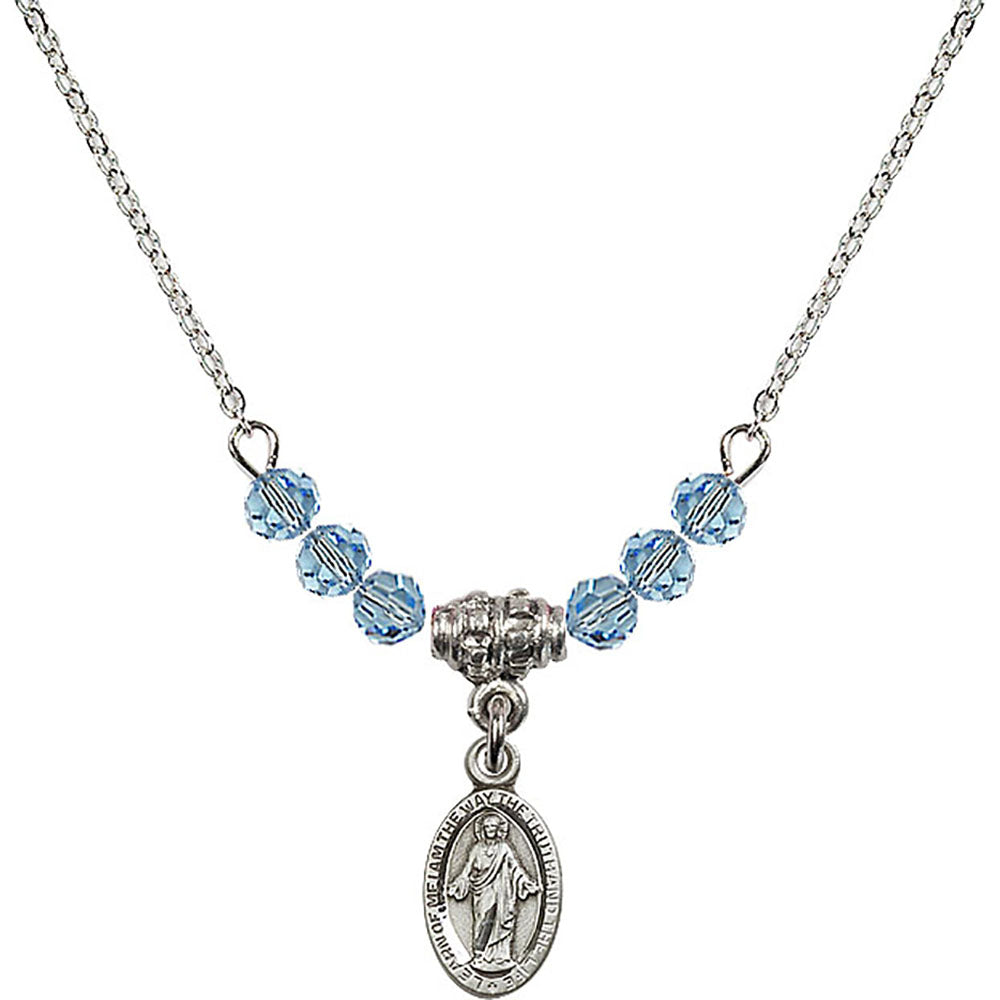 Sterling Silver Scapular Birthstone Necklace with Aqua Beads - 4121