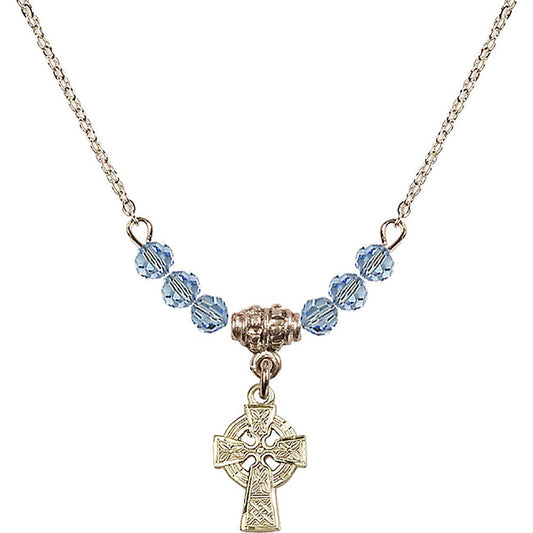14kt Gold Filled Celtic Cross Birthstone Necklace with Aqua Beads - 4133