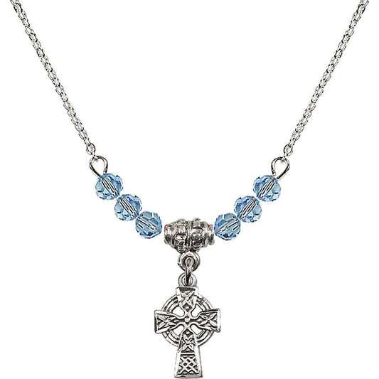 Sterling Silver Celtic Cross Birthstone Necklace with Aqua Beads - 4133