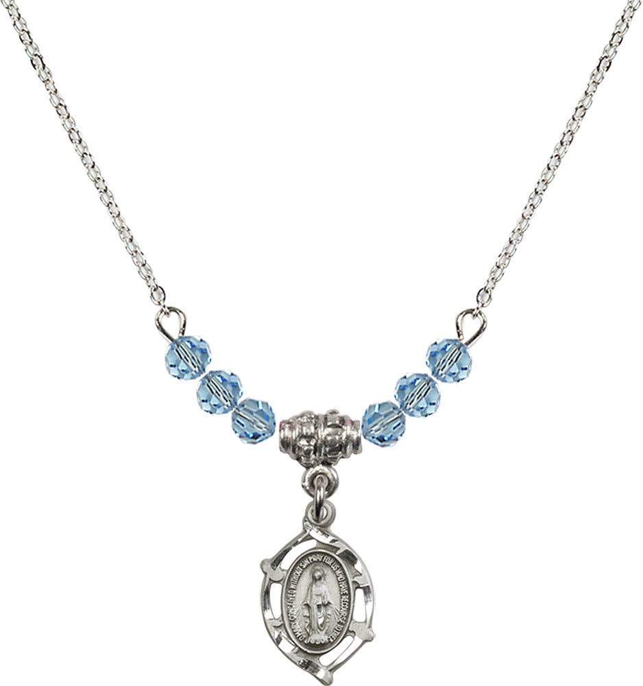 Sterling Silver Miraculous Birthstone Necklace with Aqua Beads - 4152