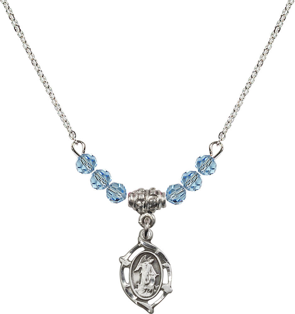 Sterling Silver Guardian Angel Birthstone Necklace with Aqua Beads - 4154