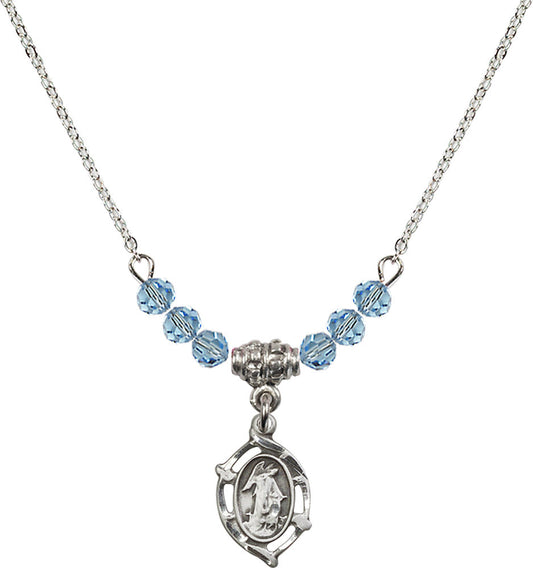 Sterling Silver Guardian Angel Birthstone Necklace with Aqua Beads - 4154