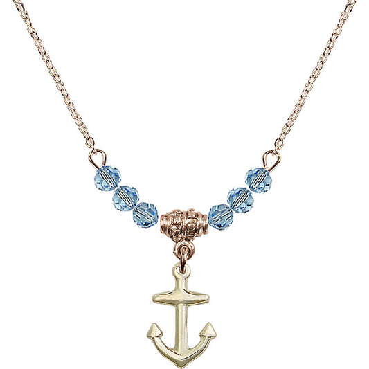 14kt Gold Filled Anchor Birthstone Necklace with Aqua Beads - 4158