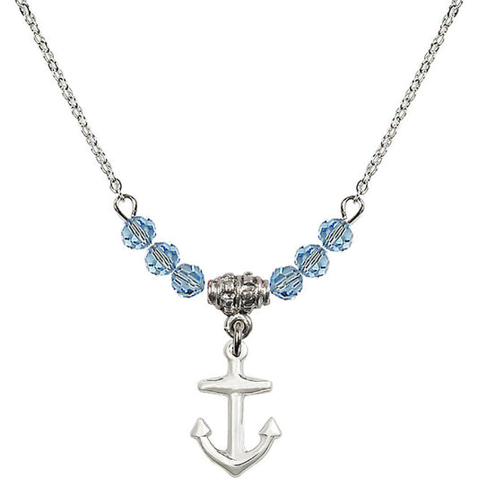 Sterling Silver Anchor Birthstone Necklace with Aqua Beads - 4158
