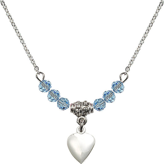 Sterling Silver Heart Birthstone Necklace with Aqua Beads - 4158