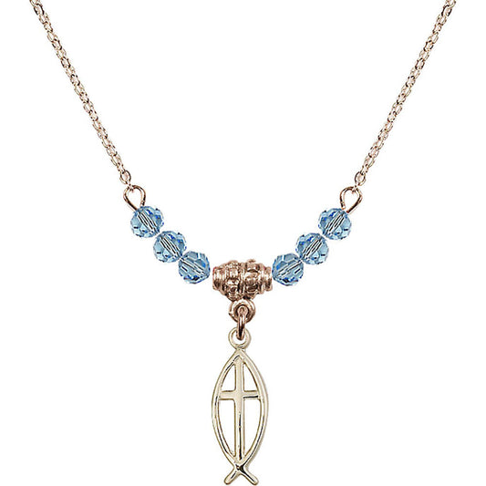 14kt Gold Filled Fish / Cross Birthstone Necklace with Aqua Beads - 4251