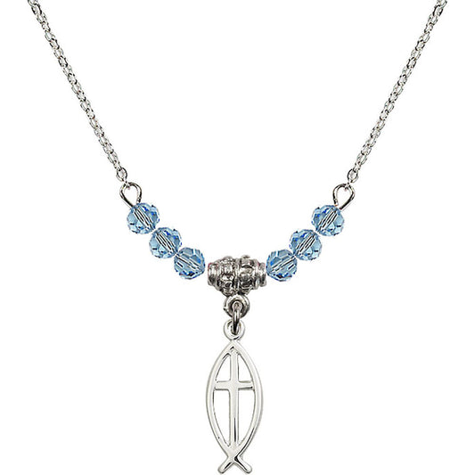 Sterling Silver Fish / Cross Birthstone Necklace with Aqua Beads - 4251