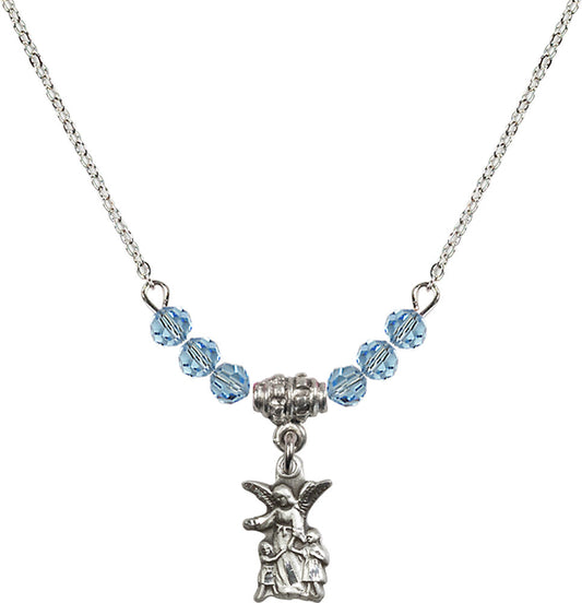 Sterling Silver Guardian Angel Birthstone Necklace with Aqua Beads - 4253