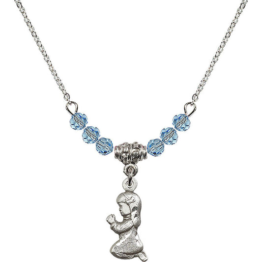 Sterling Silver Praying Girl Birthstone Necklace with Aqua Beads - 4262
