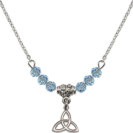 Sterling Silver Trinity Irish Knot Birthstone Necklace with Aqua Beads - 5100