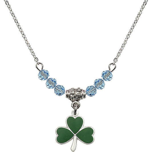 Sterling Silver Shamrock Birthstone Necklace with Aqua Beads - 5243