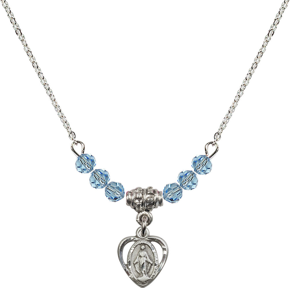 Sterling Silver Miraculous Birthstone Necklace with Aqua Beads - 5401
