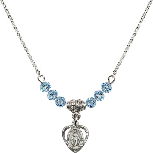 Sterling Silver Miraculous Birthstone Necklace with Aqua Beads - 5401