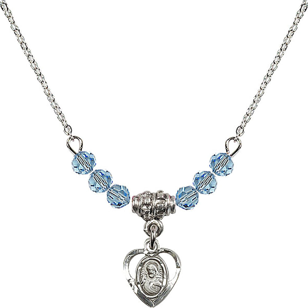 Sterling Silver Scapular Birthstone Necklace with Aqua Beads - 5402