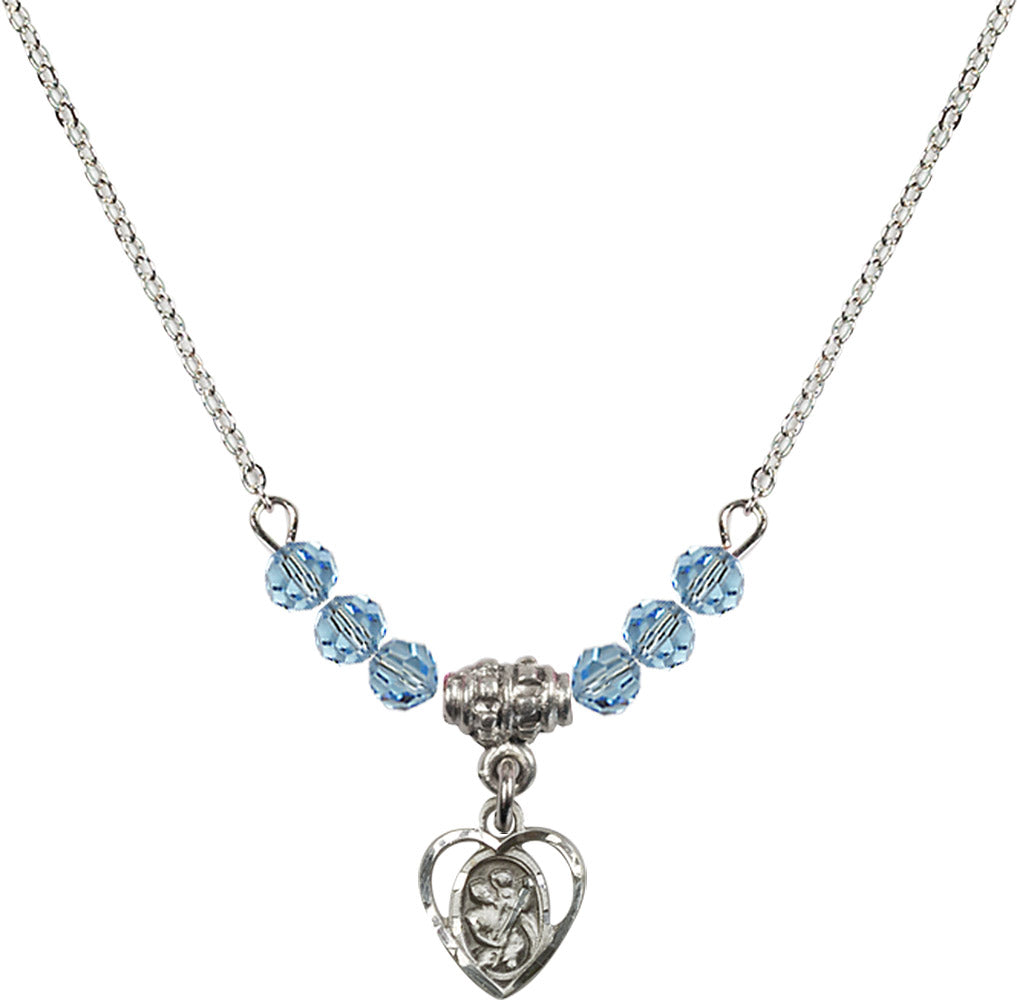 Sterling Silver Saint Christopher Birthstone Necklace with Aqua Beads - 5403