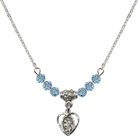 Sterling Silver Saint Christopher Birthstone Necklace with Aqua Beads - 5403