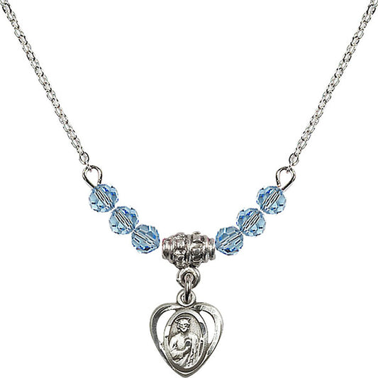Sterling Silver Saint Jude Birthstone Necklace with Aqua Beads - 5404