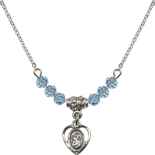 Sterling Silver Saint Ann Birthstone Necklace with Aqua Beads - 5414
