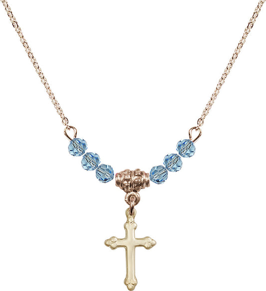 14kt Gold Filled Cross Birthstone Necklace with Aqua Beads - 5415