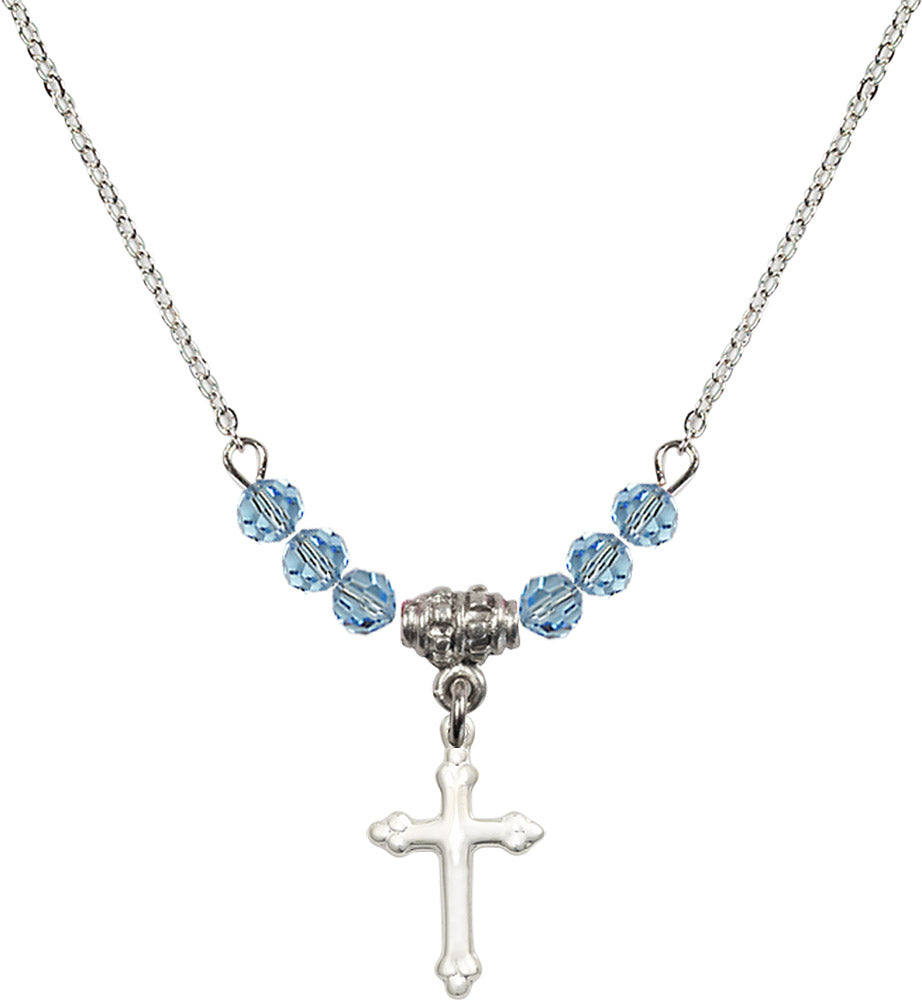 Sterling Silver Cross Birthstone Necklace with Aqua Beads - 5415