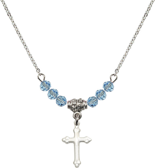 Sterling Silver Cross Birthstone Necklace with Aqua Beads - 5415