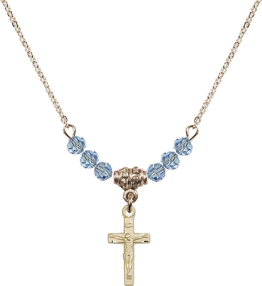 14kt Gold Filled Crucifix Birthstone Necklace with Aqua Beads - 5417
