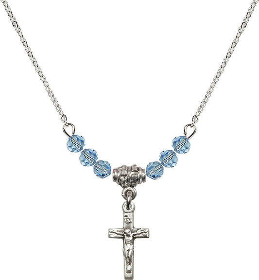 Sterling Silver Crucifix Birthstone Necklace with Aqua Beads - 5417