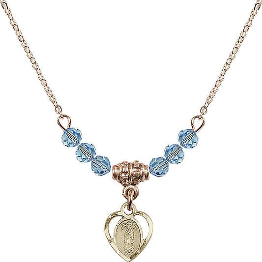 14kt Gold Filled Our Lady of Guadalupe Birthstone Necklace with Aqua Beads - 5422