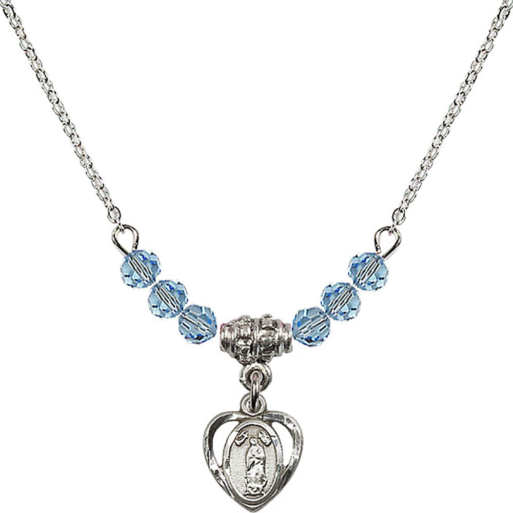 Sterling Silver Our Lady of Guadalupe Birthstone Necklace with Aqua Beads - 5422