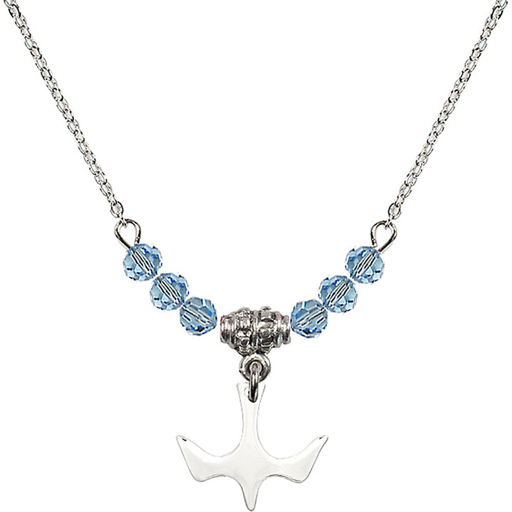 Sterling Silver Holy Spirit Birthstone Necklace with Aqua Beads - 5431