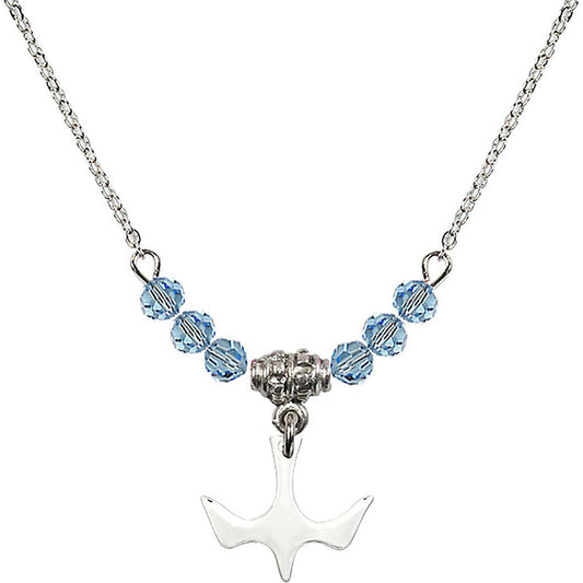 Sterling Silver Holy Spirit Birthstone Necklace with Aqua Beads - 5431