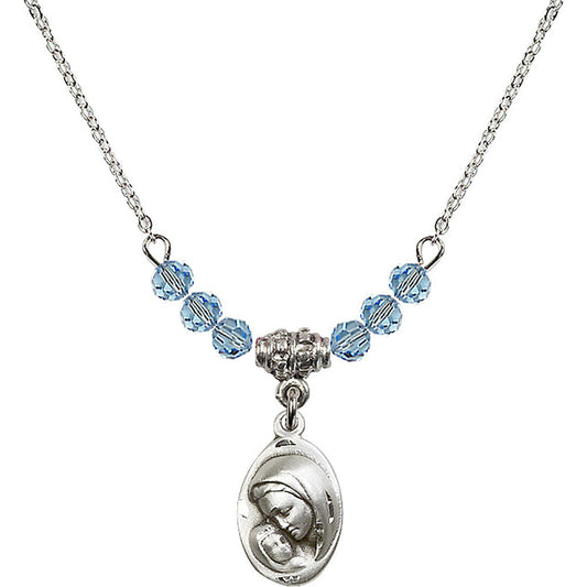 Sterling Silver Madonna & Child Birthstone Necklace with Aqua Beads - 5447