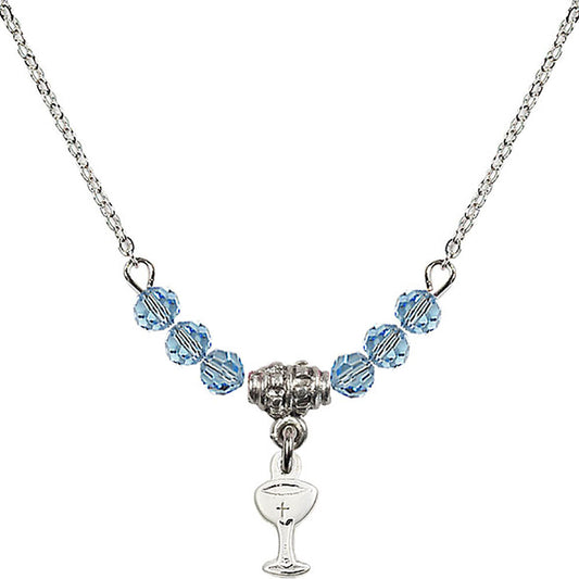 Sterling Silver Chalice Birthstone Necklace with Aqua Beads - 5614
