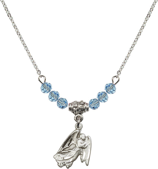 Sterling Silver Guardian Angel Birthstone Necklace with Aqua Beads - 5642