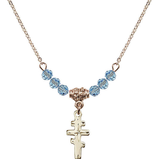 14kt Gold Filled Greek Orthadox Cross Birthstone Necklace with Aqua Beads - 5654