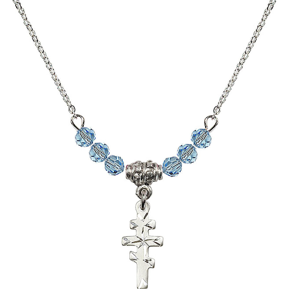 Sterling Silver Greek Orthadox Cross Birthstone Necklace with Aqua Beads - 5654