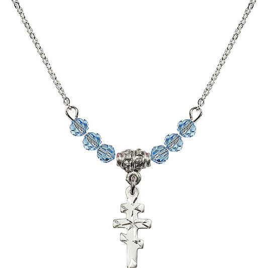 Sterling Silver Greek Orthadox Cross Birthstone Necklace with Aqua Beads - 5654