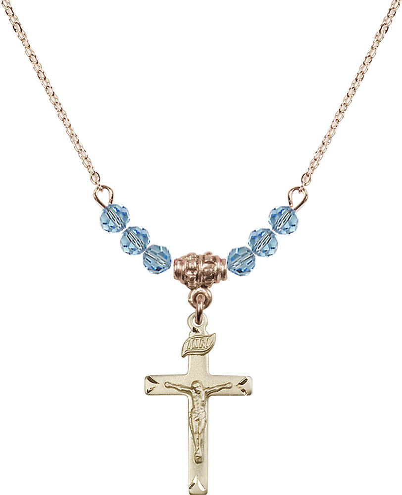 14kt Gold Filled Crucifix Birthstone Necklace with Aqua Beads - 5668