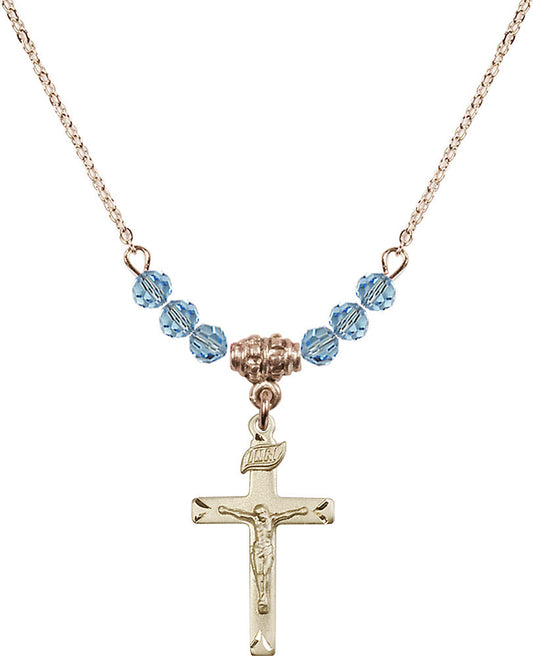 14kt Gold Filled Crucifix Birthstone Necklace with Aqua Beads - 5668