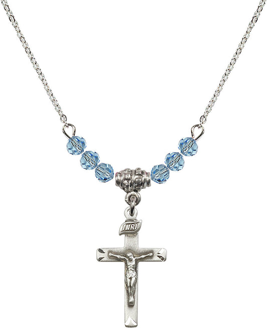 Sterling Silver Crucifix Birthstone Necklace with Aqua Beads - 5668