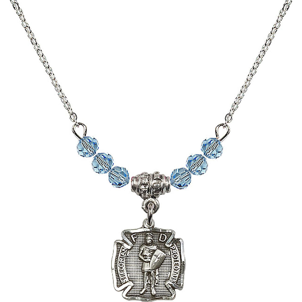 Sterling Silver Saint Florian Birthstone Necklace with Aqua Beads - 5686