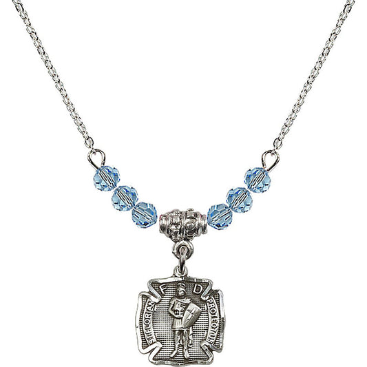Sterling Silver Saint Florian Birthstone Necklace with Aqua Beads - 5686
