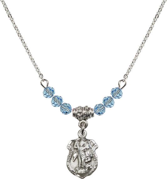 Sterling Silver Saint Michael the Archangel Birthstone Necklace with Aqua Beads - 5699