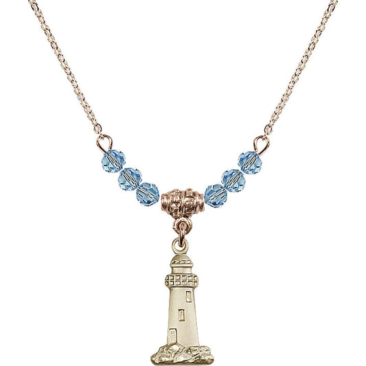 14kt Gold Filled Lighthouse Birthstone Necklace with Aqua Beads - 5922