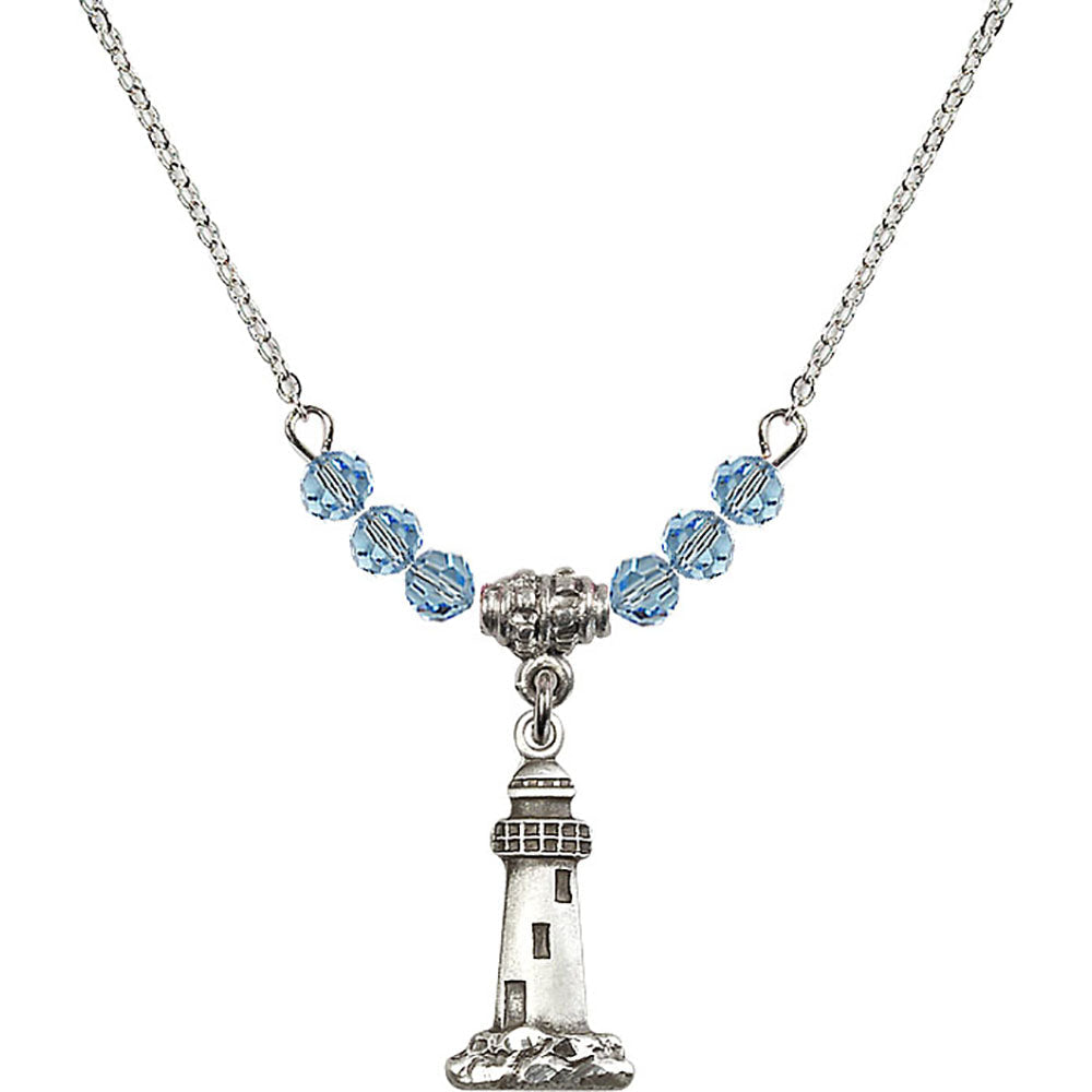 Sterling Silver Lighthouse Birthstone Necklace with Aqua Beads - 5922