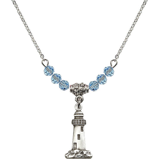 Sterling Silver Lighthouse Birthstone Necklace with Aqua Beads - 5922