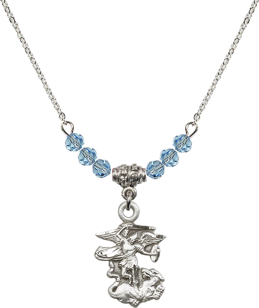 Sterling Silver Saint Michael the Archangel Birthstone Necklace with Aqua Beads - 5940