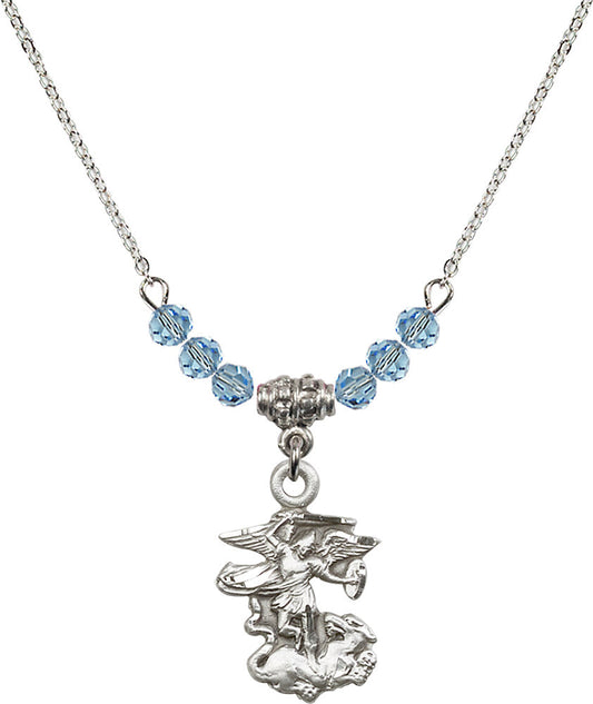 Sterling Silver Saint Michael the Archangel Birthstone Necklace with Aqua Beads - 5940