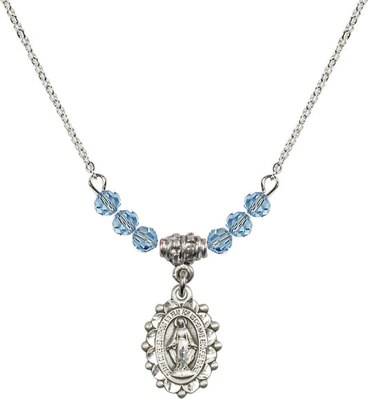 Sterling Silver Miraculous Birthstone Necklace with Aqua Beads - 6040