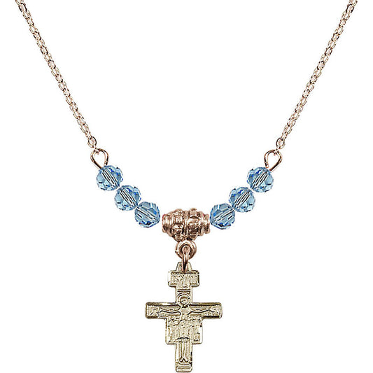 14kt Gold Filled San Damiano Crucifix Birthstone Necklace with Aqua Beads - 6078